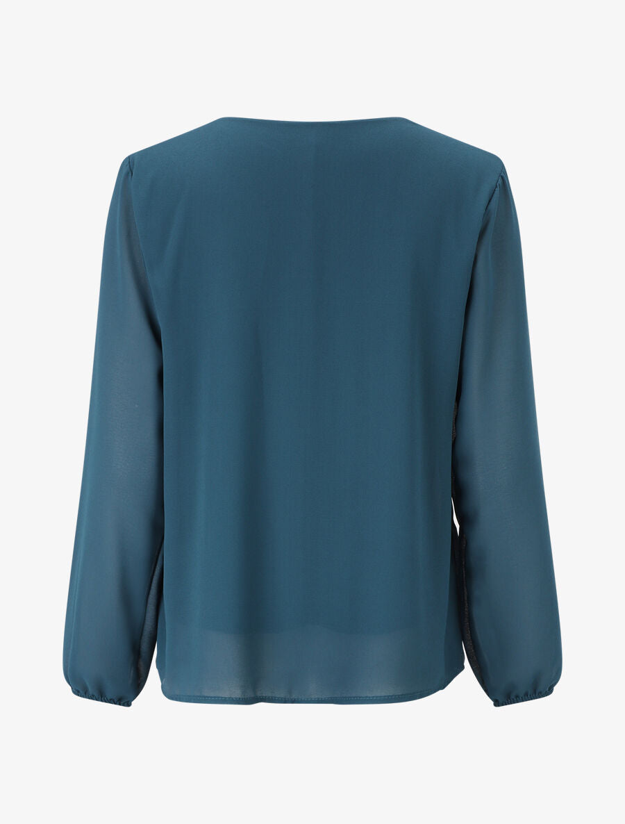 Blouse unie à manches longues et col en dentelle - Bleu canard - 2