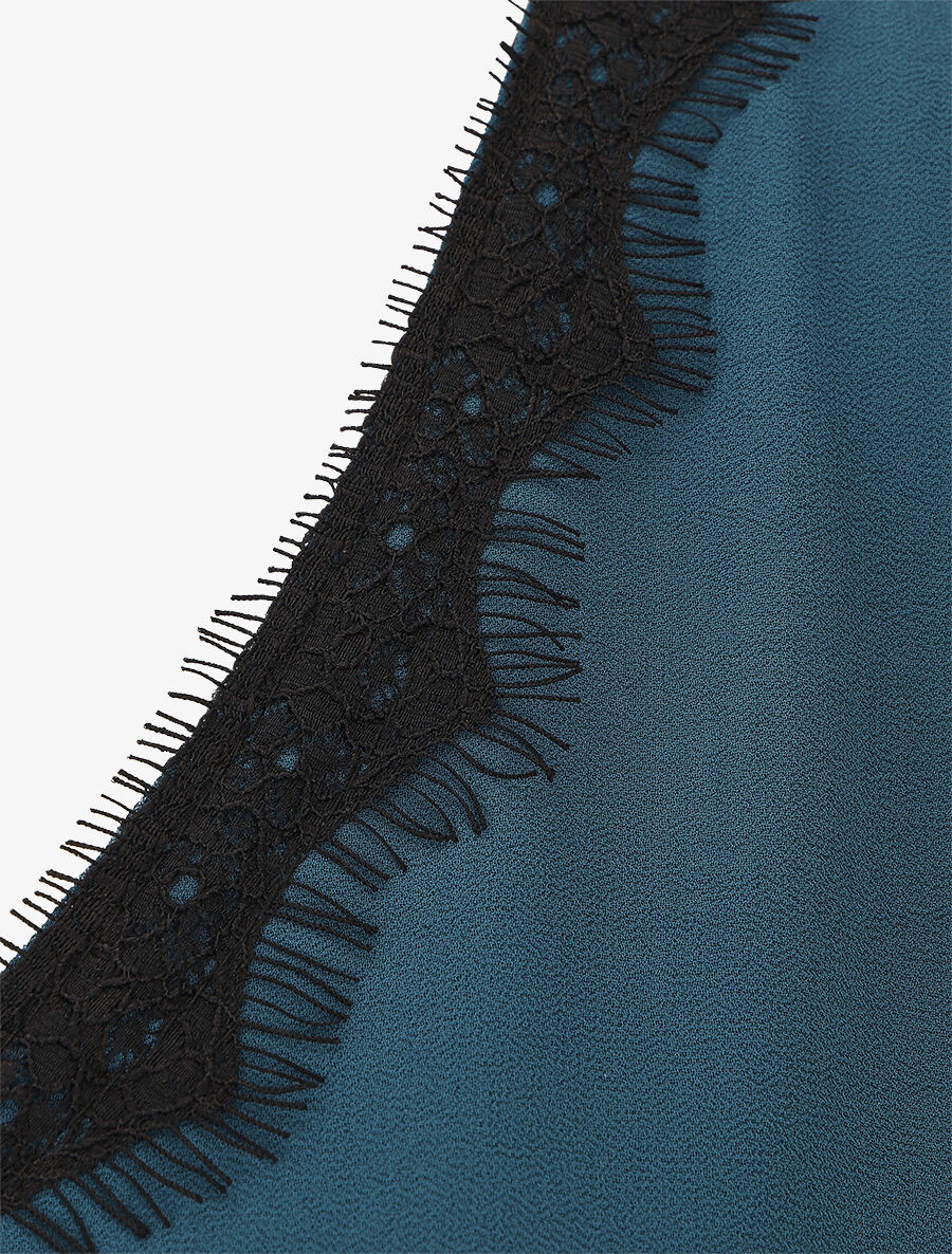 Blouse unie à manches longues et col en dentelle - Bleu canard - 3