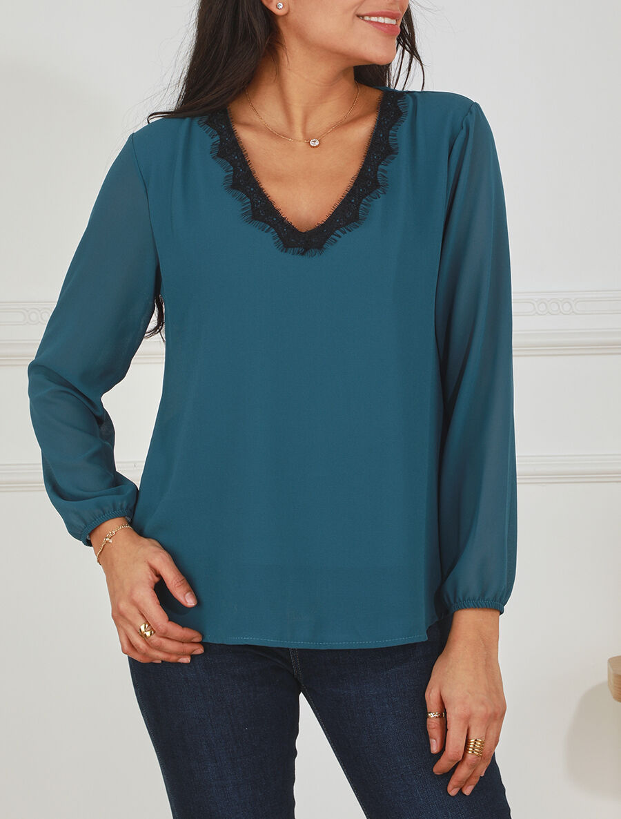 Blouse unie à manches longues et col en dentelle - Bleu canard - 4