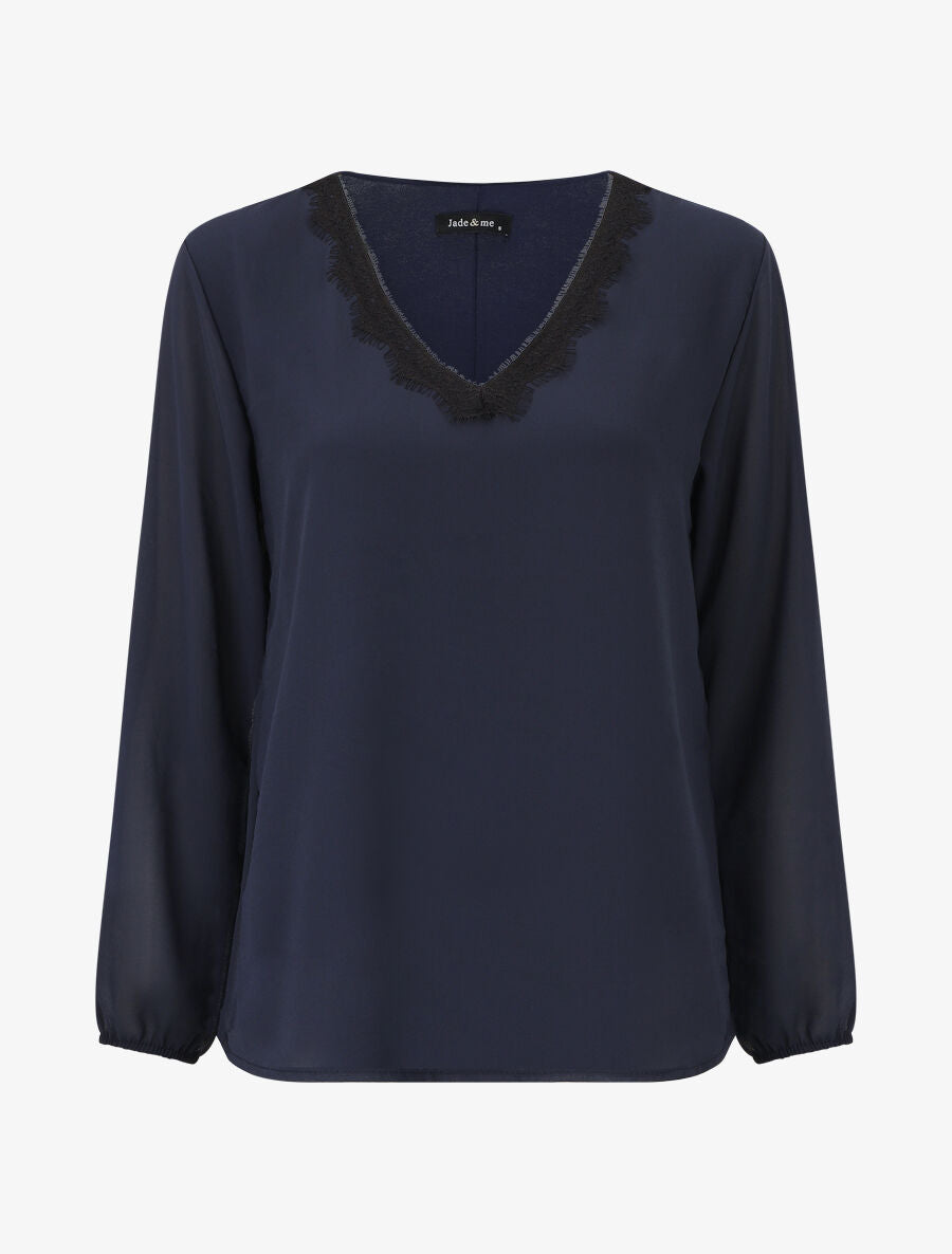 Blouse unie à manches longues et col en dentelle - Marine - 1