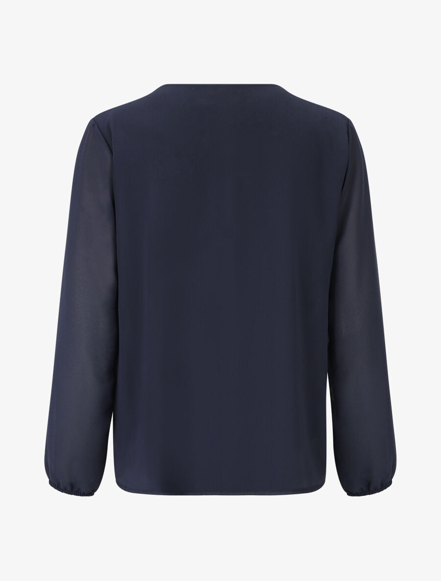 Blouse unie à manches longues et col en dentelle - Marine - 2
