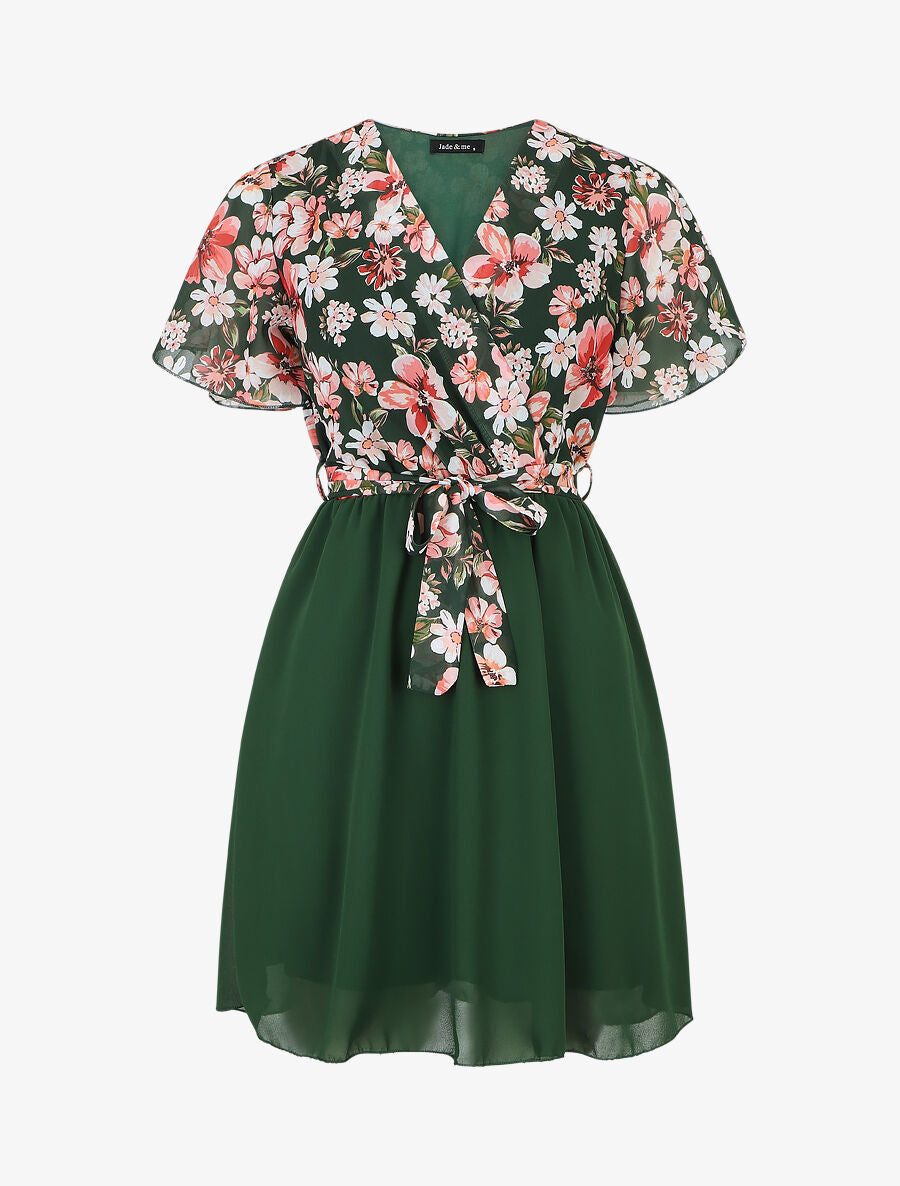 Robe courte imprimé floral col cache-coeur - Vert - 1