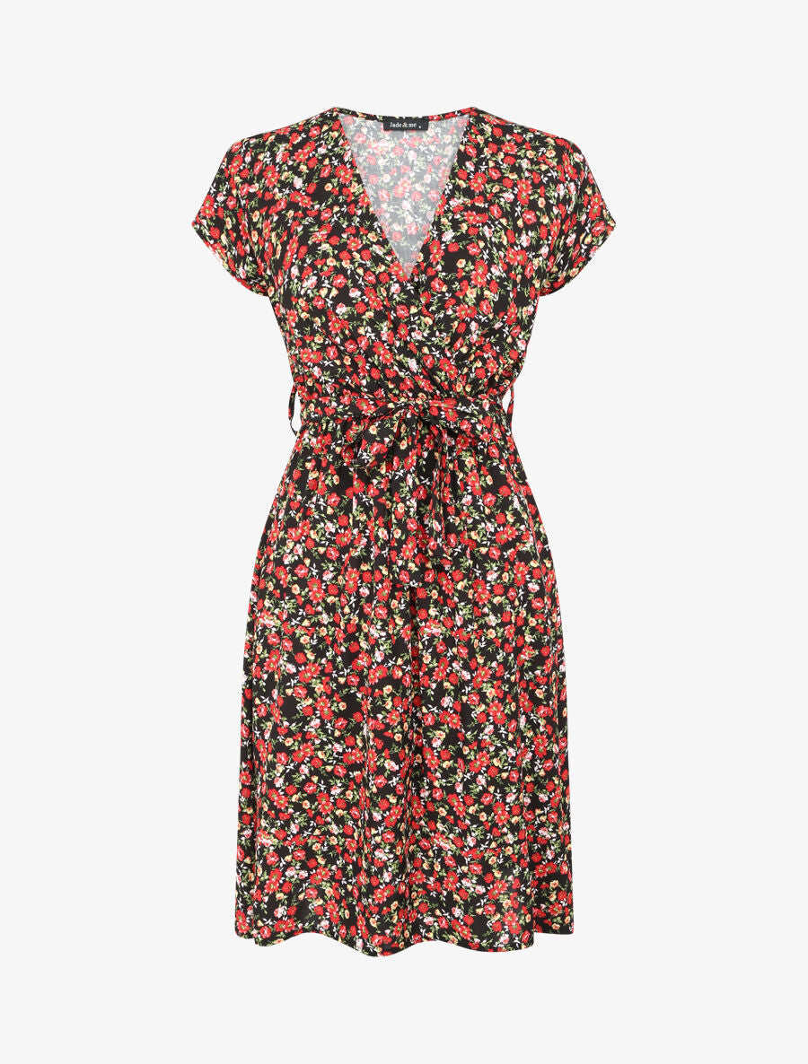 Robe fleurie à col cache-coeur - Noir - 4