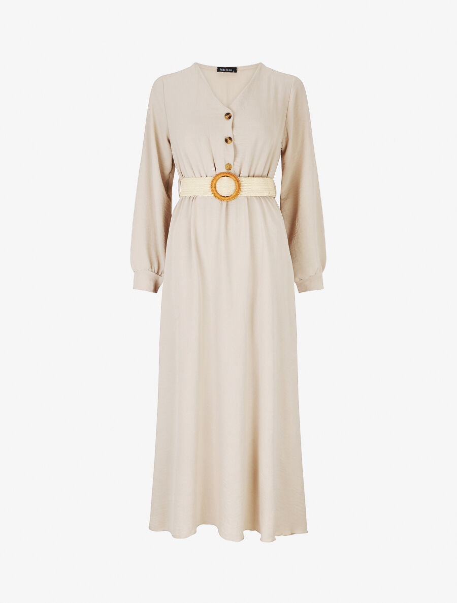 Robe longue évasée unie à manches longues - Beige - 1