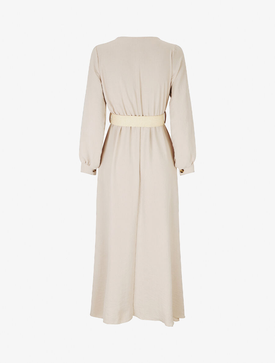 Robe longue évasée unie à manches longues - Beige - 2