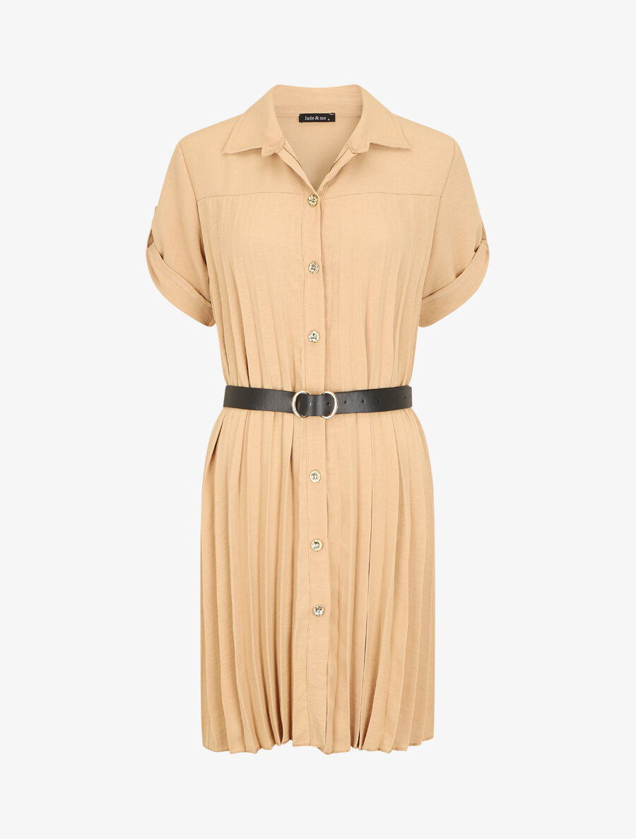 Robe chemise effet plissé à manches 3/4 - Camel - 5