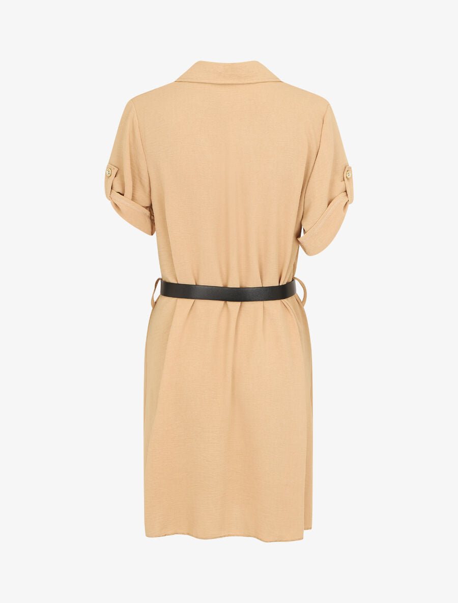 Robe chemise effet plissé à manches 3/4 - Camel - 2