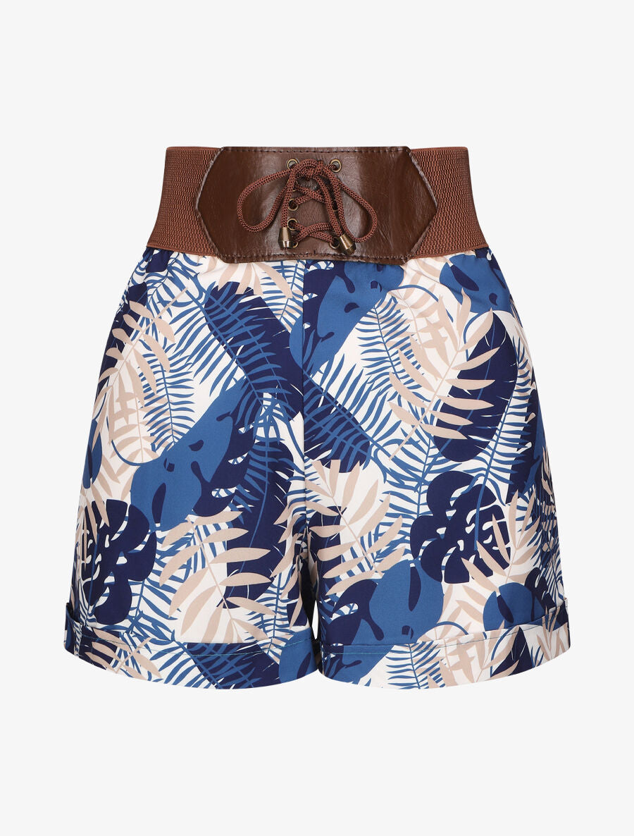 Short à taille haute style corset imprimé tropical - Marine - 1