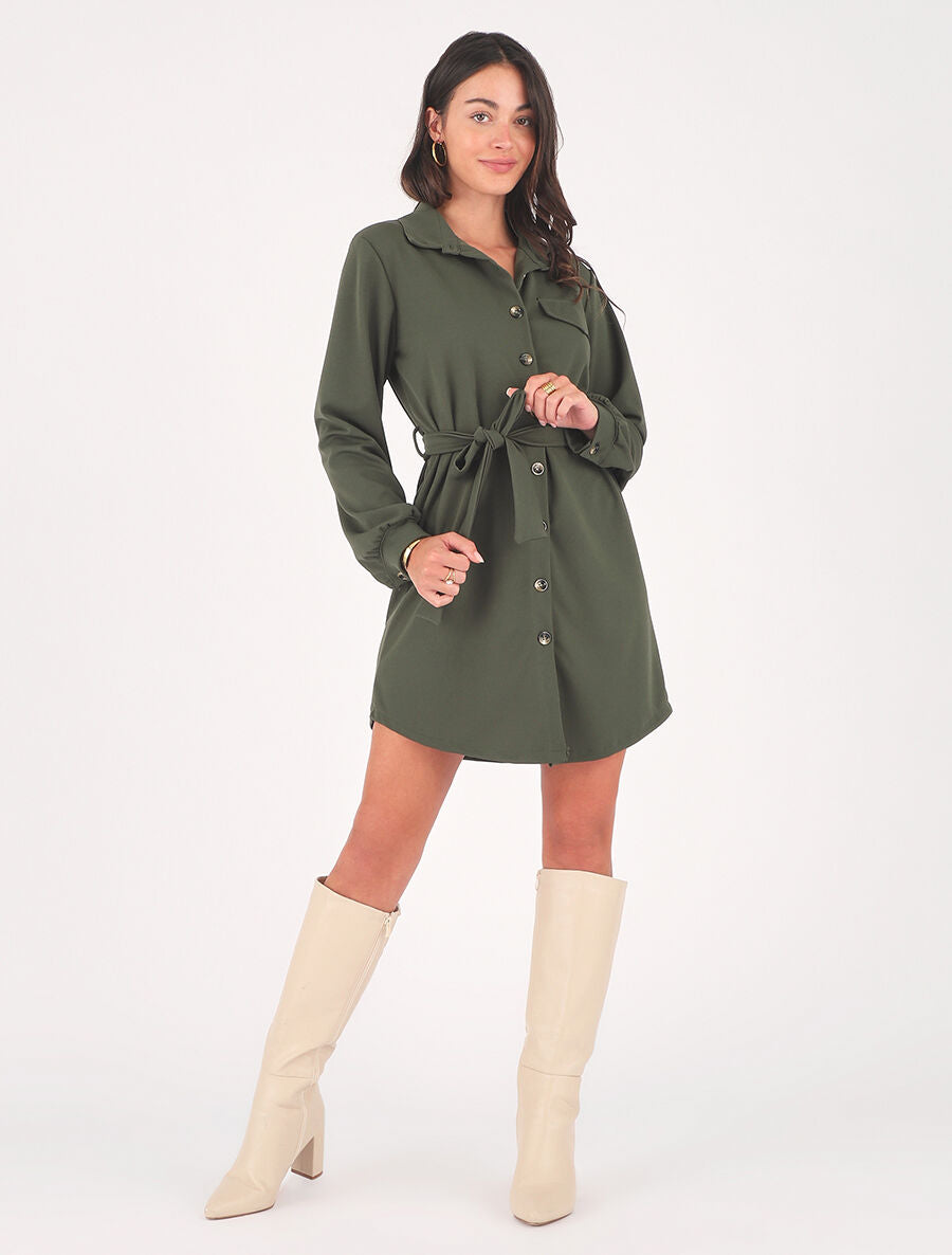 Robe chemise courte manches longues - Kaki - 4