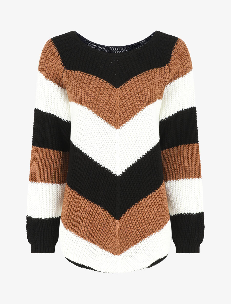 Pull droit rayé col rond - Camel - 1