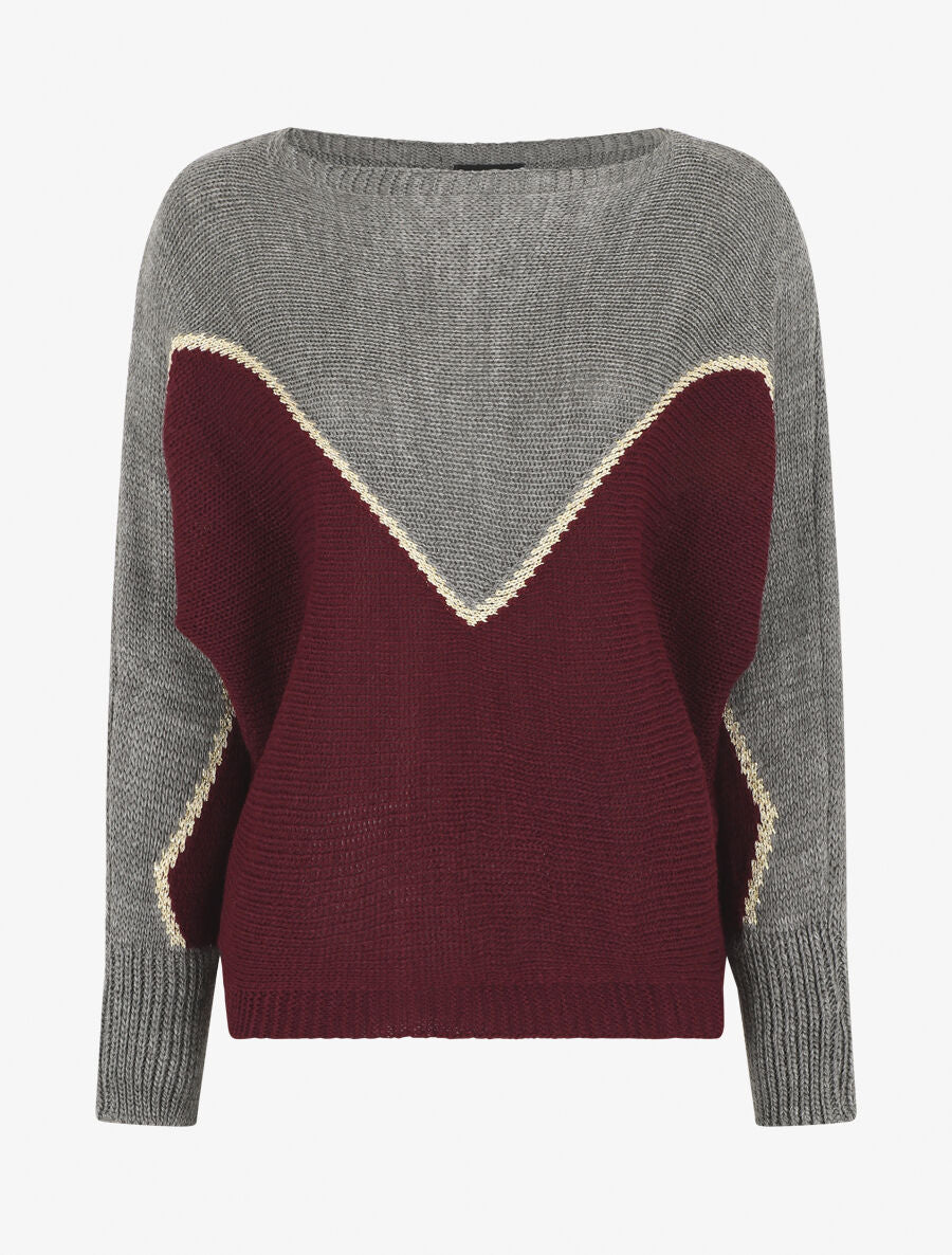 Pull loose col bateau et motif en V - Gris/prune - 1