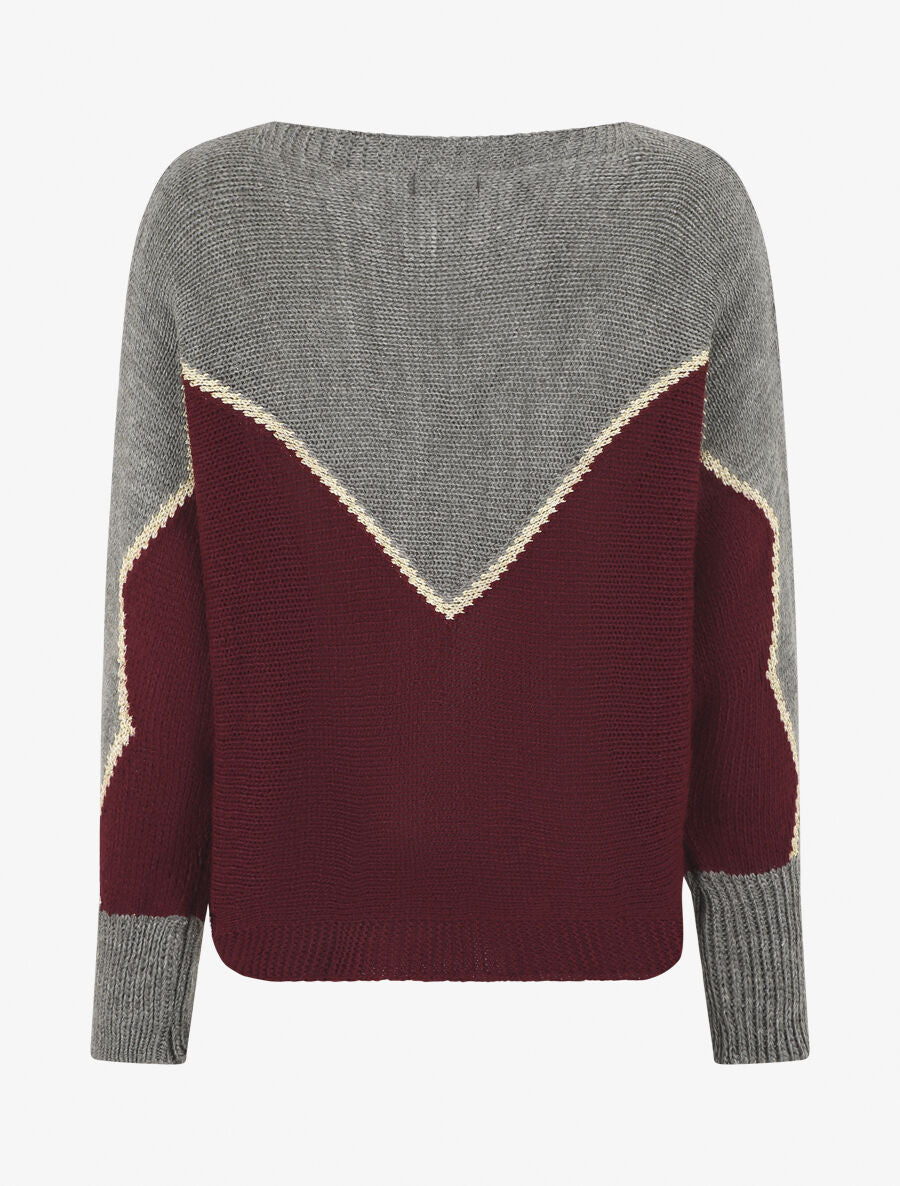 Pull loose col bateau et motif en V - Gris/prune - 2