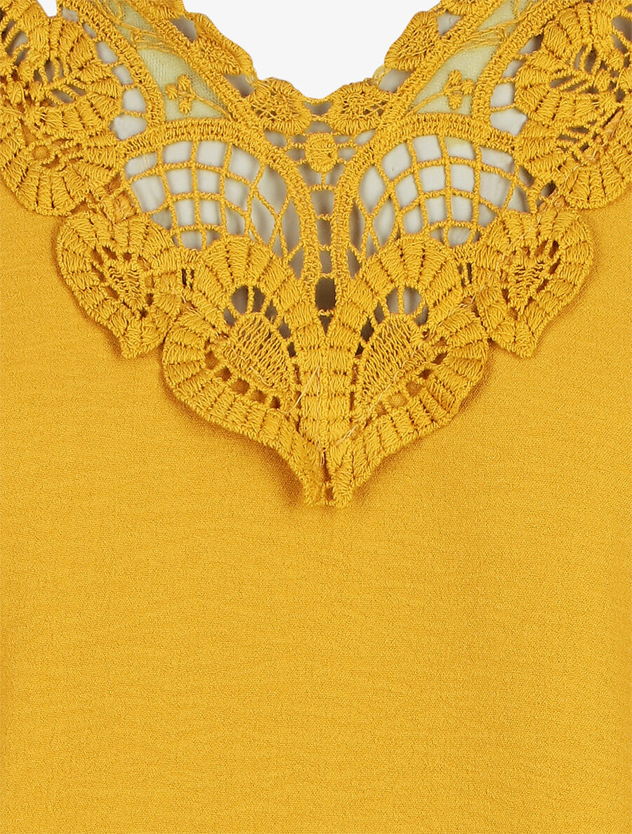 Top élastiqué col V en dentelle - Jaune - 3