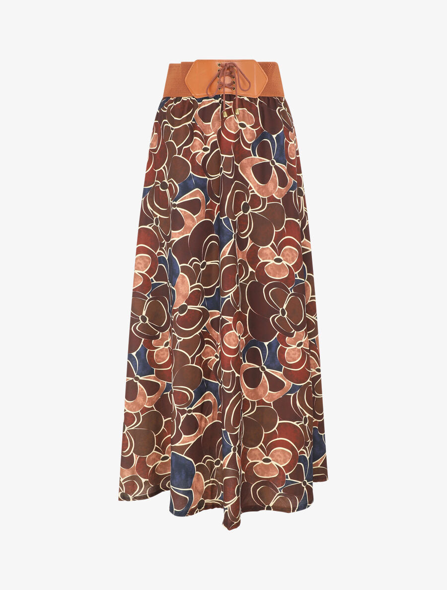 Jupe longue à taille haute imprimé fleuri - Marron - 4