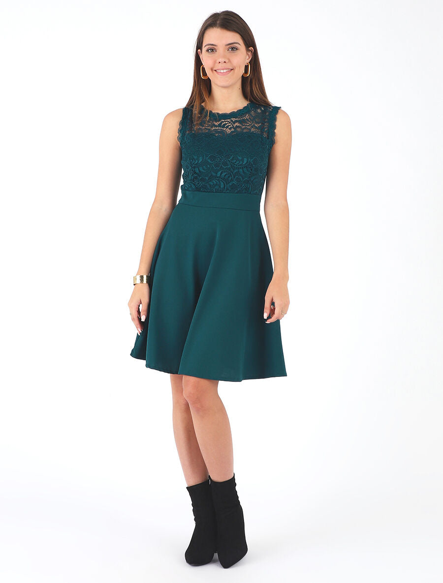 Robe uni à bustier en dentelle - Bleu canard - 4