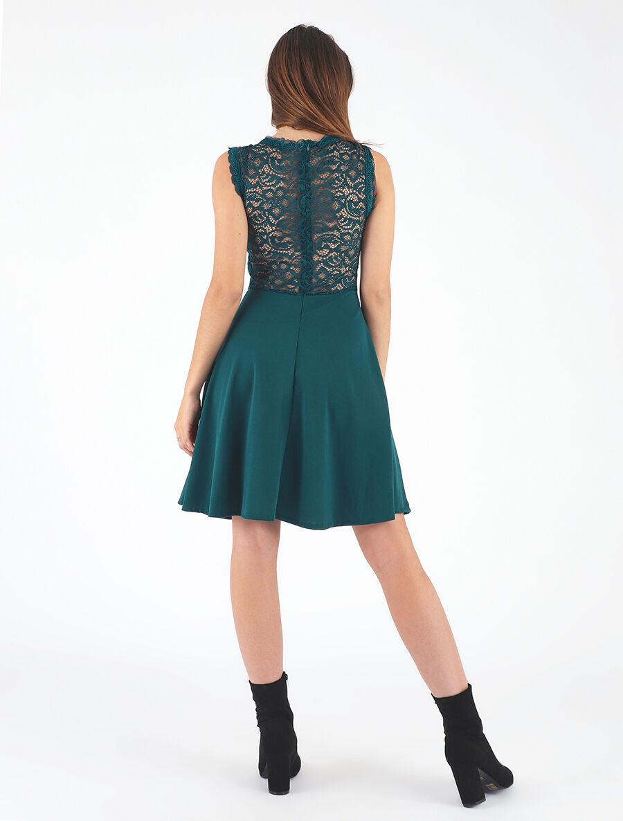 Robe uni à bustier en dentelle - Bleu canard - 5
