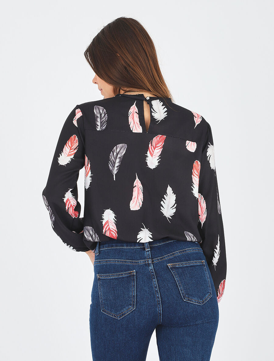 Blouse à imprimé plume - Noir - 5