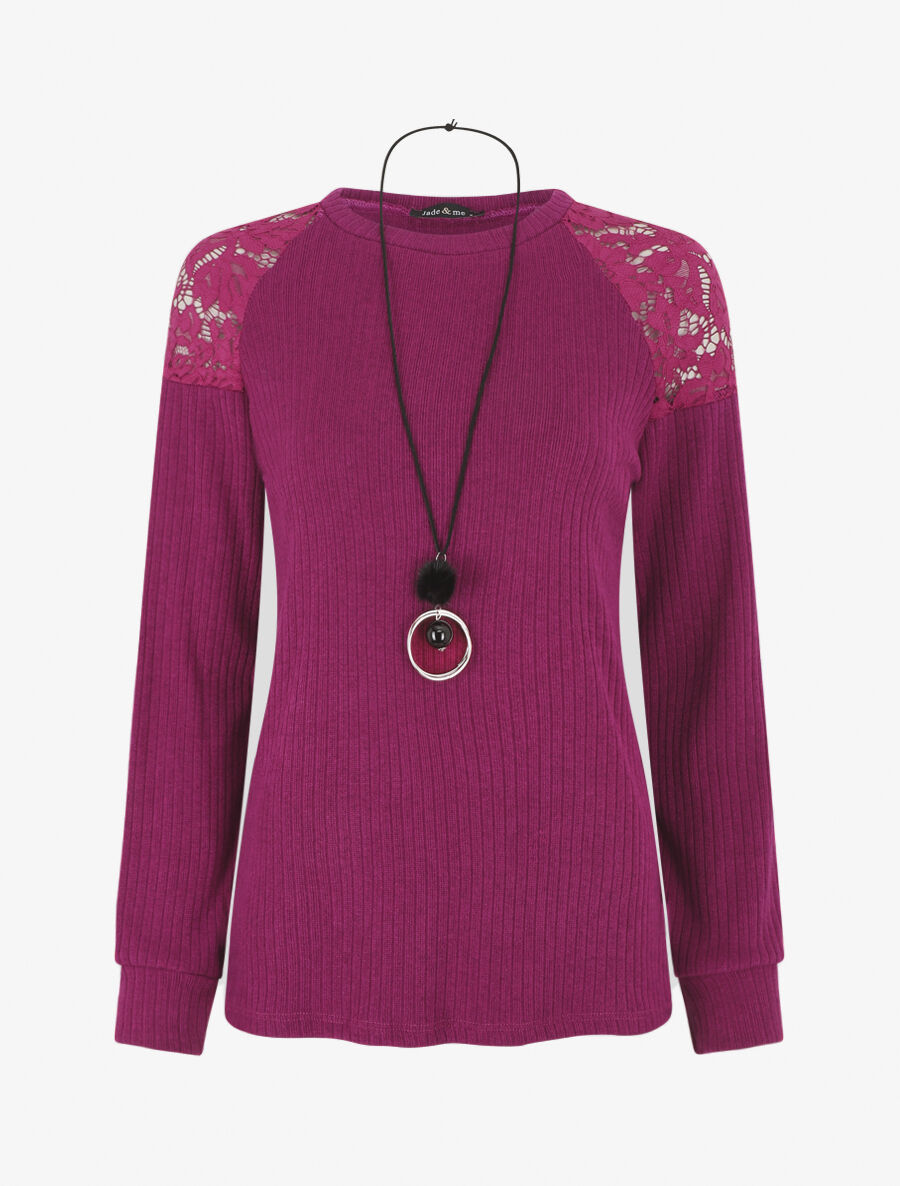 Pull uni et épaules en dentelle - Violine - 4