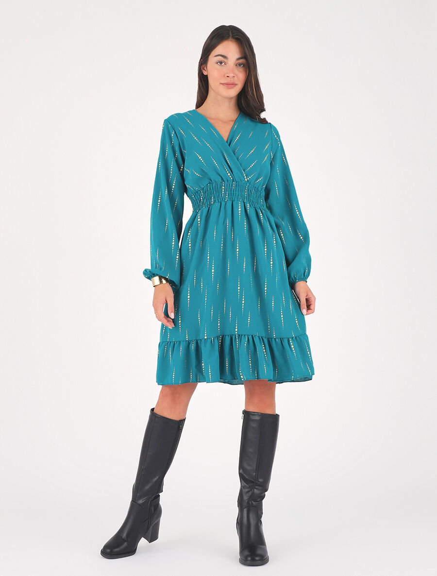 Robe mi-longue évasée imprimé graphique irisé - Bleu canard - 1