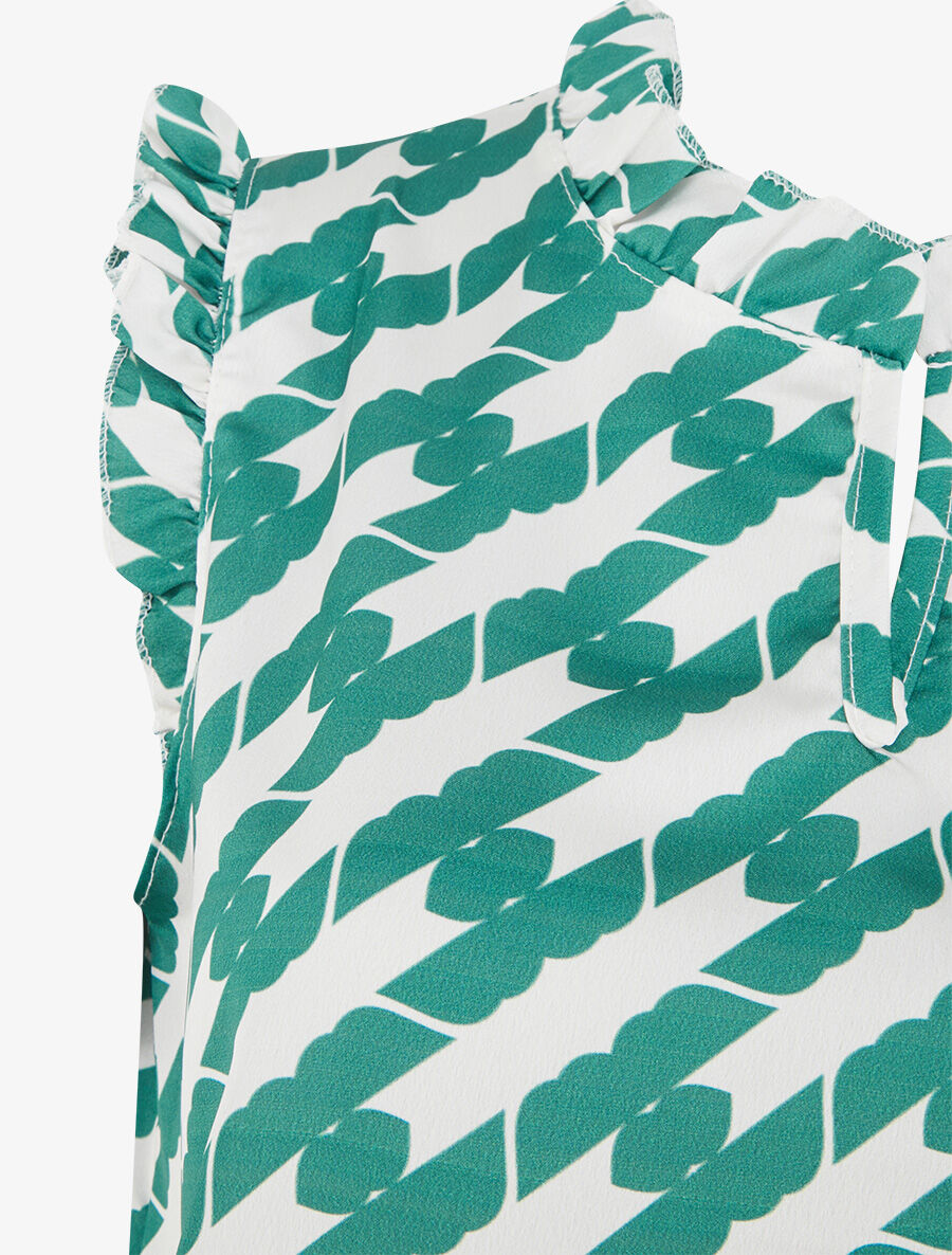 Top satiné sans manches motif fantaisie et volants - Vert émeraude - 3