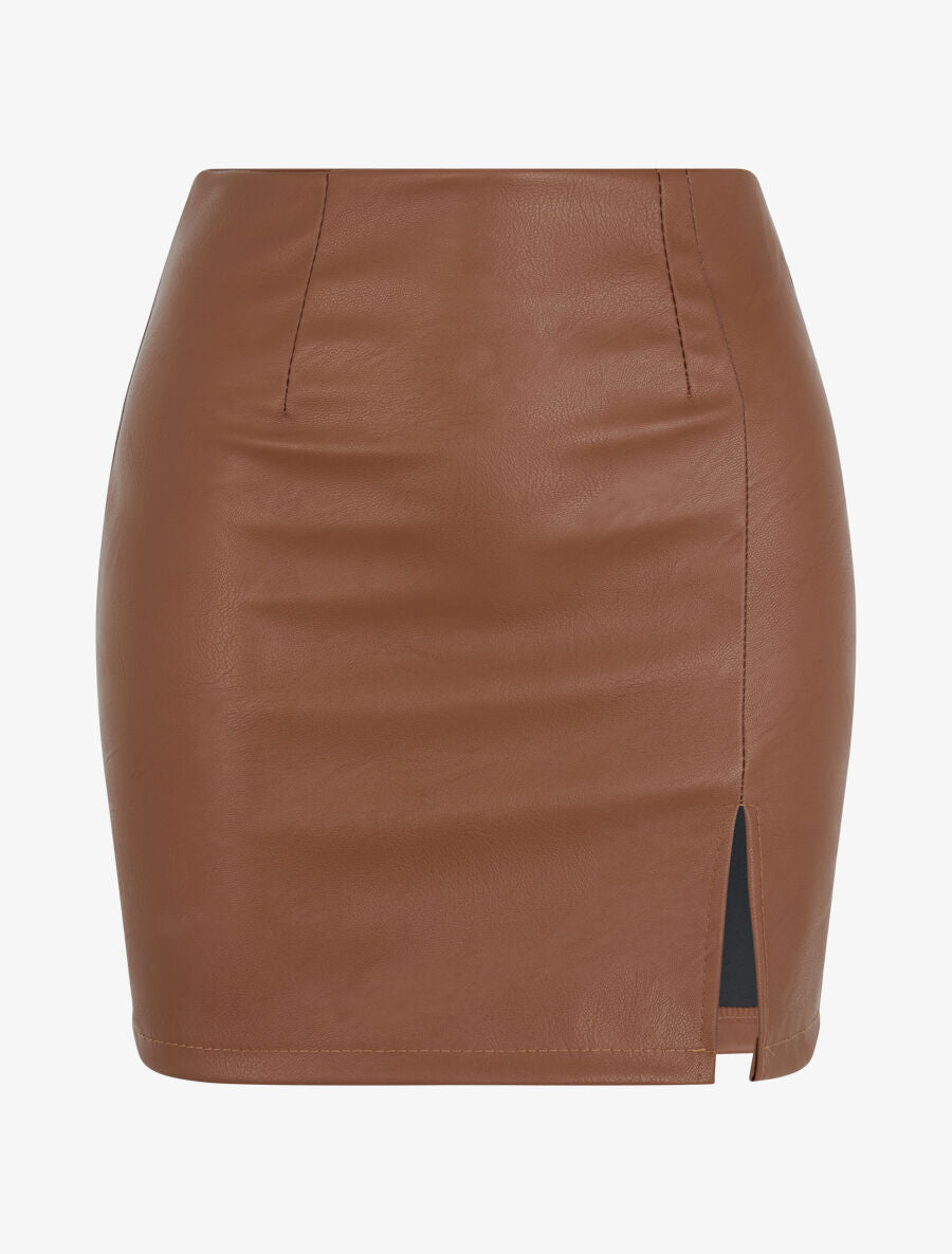 Mini-jupe fendue en simili - Marron - 1