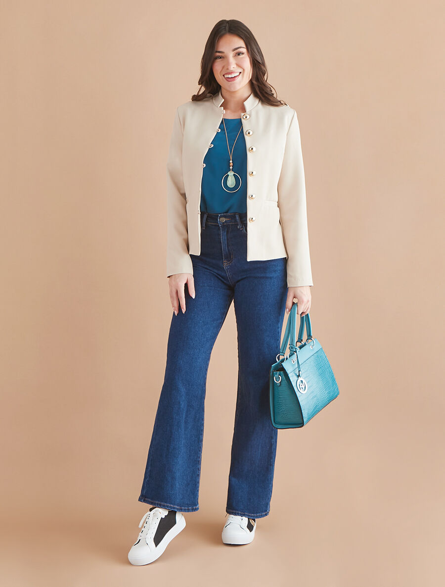 Blazer uni mi-long boutonné - Beige - 4