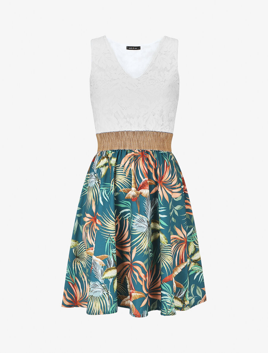 Robe bi-matière imprimé tropical - Bleu canard - 1