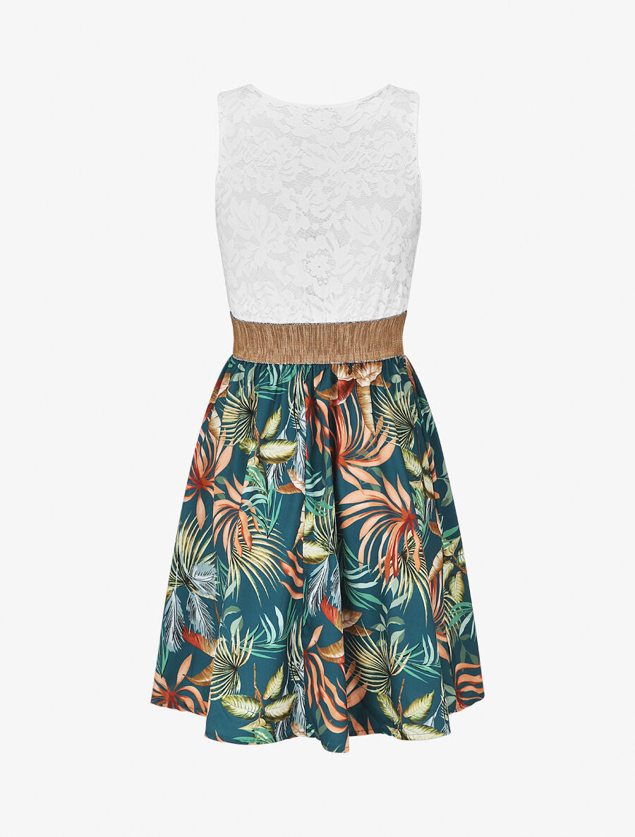 Robe bi-matière imprimé tropical - Bleu canard - 2