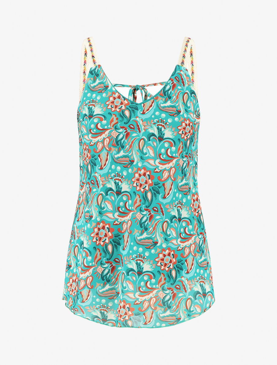 Débardeur motif fleuri et bretelles fantaisies - Turquoise - 4