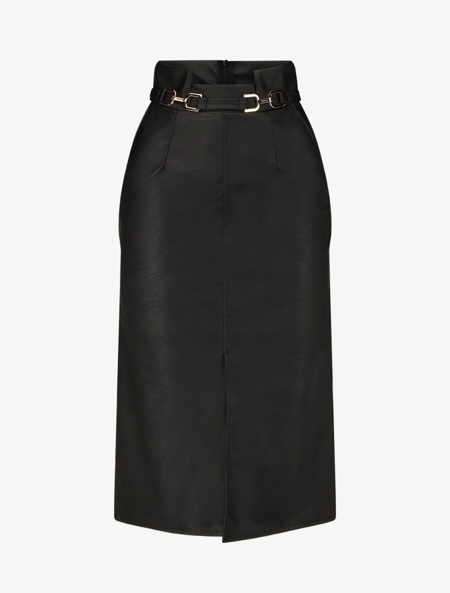 Jupe longue en simili à ceinture stylisée - Noir - 1