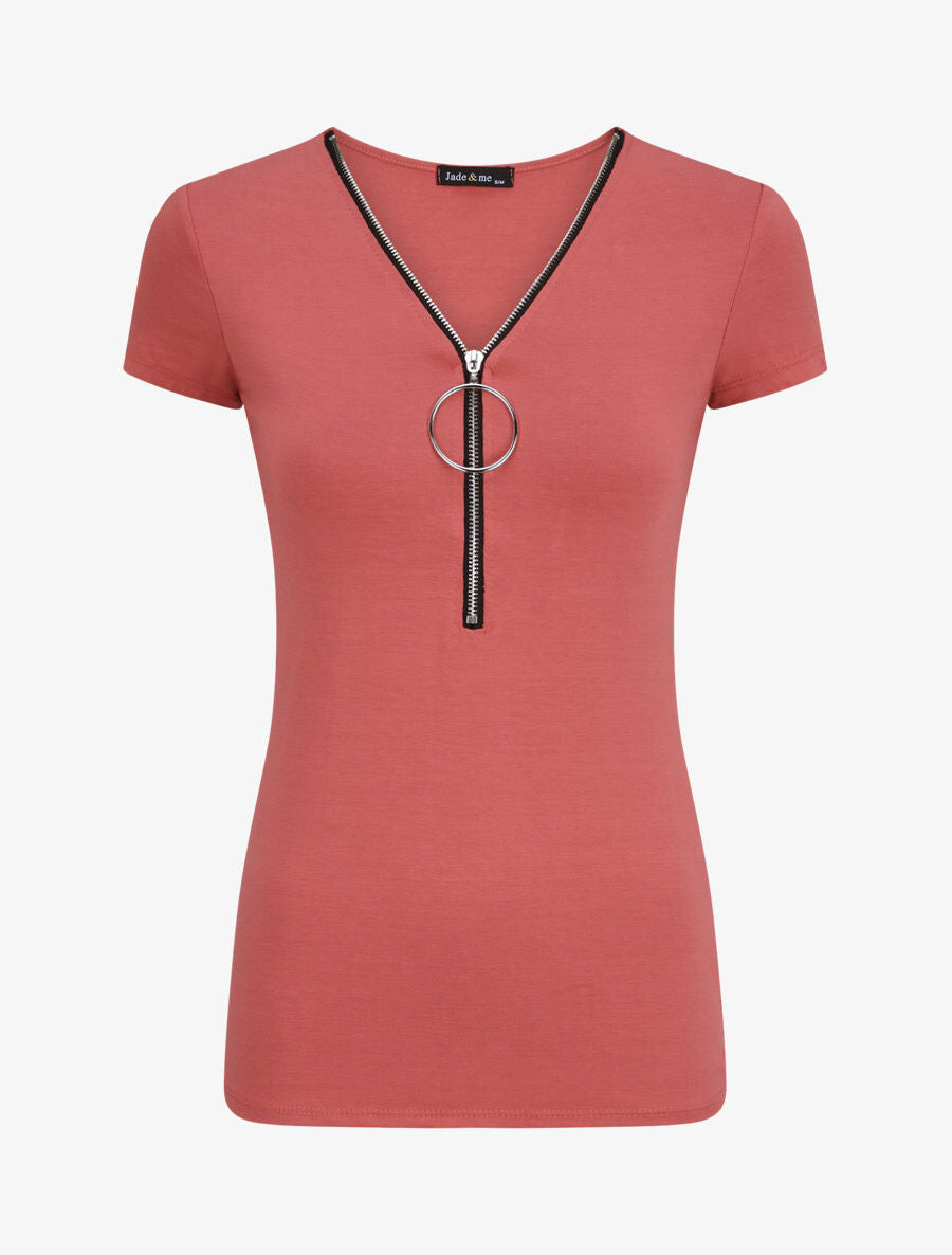 T-shirt stretch à encolure zippée - Rose foncé - 4