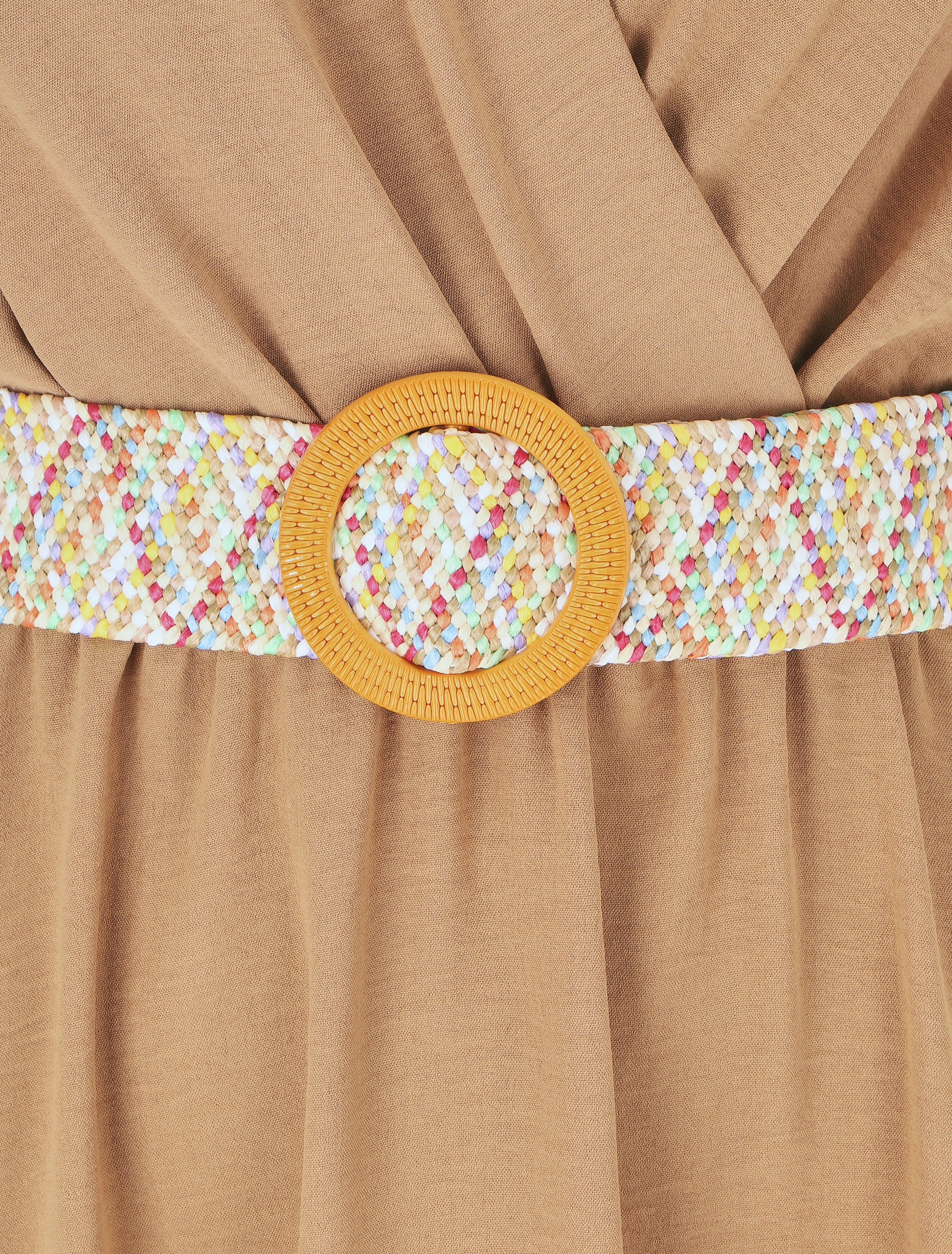 Robe longue unie élastiquée et ceinturée - Camel - 3