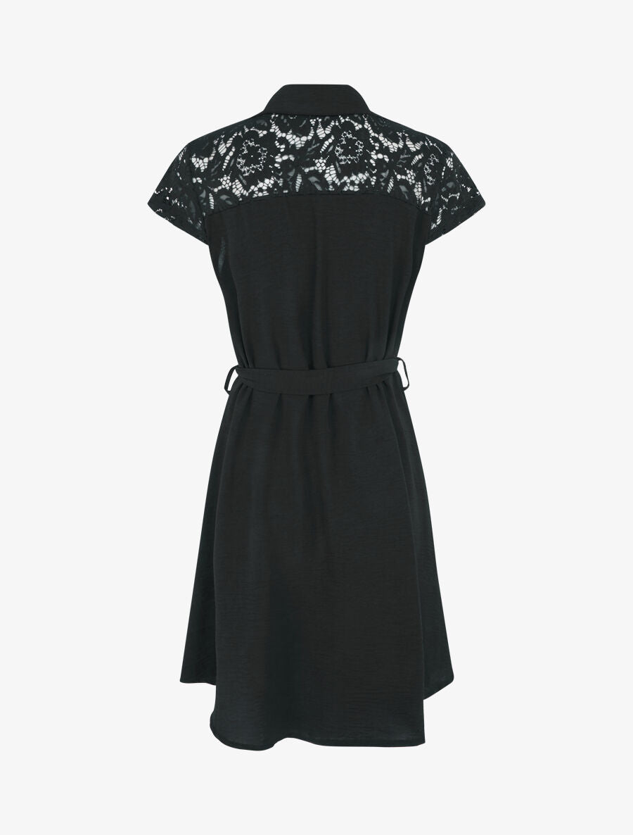Robe mi-longue unie à empiècement dentelle - Noir - 2