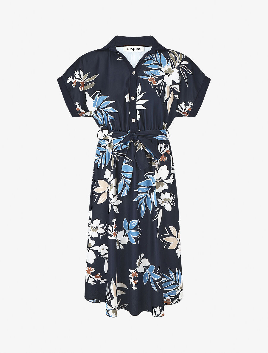 Robe chemise motif fleuri manches courtes - Marine - 4