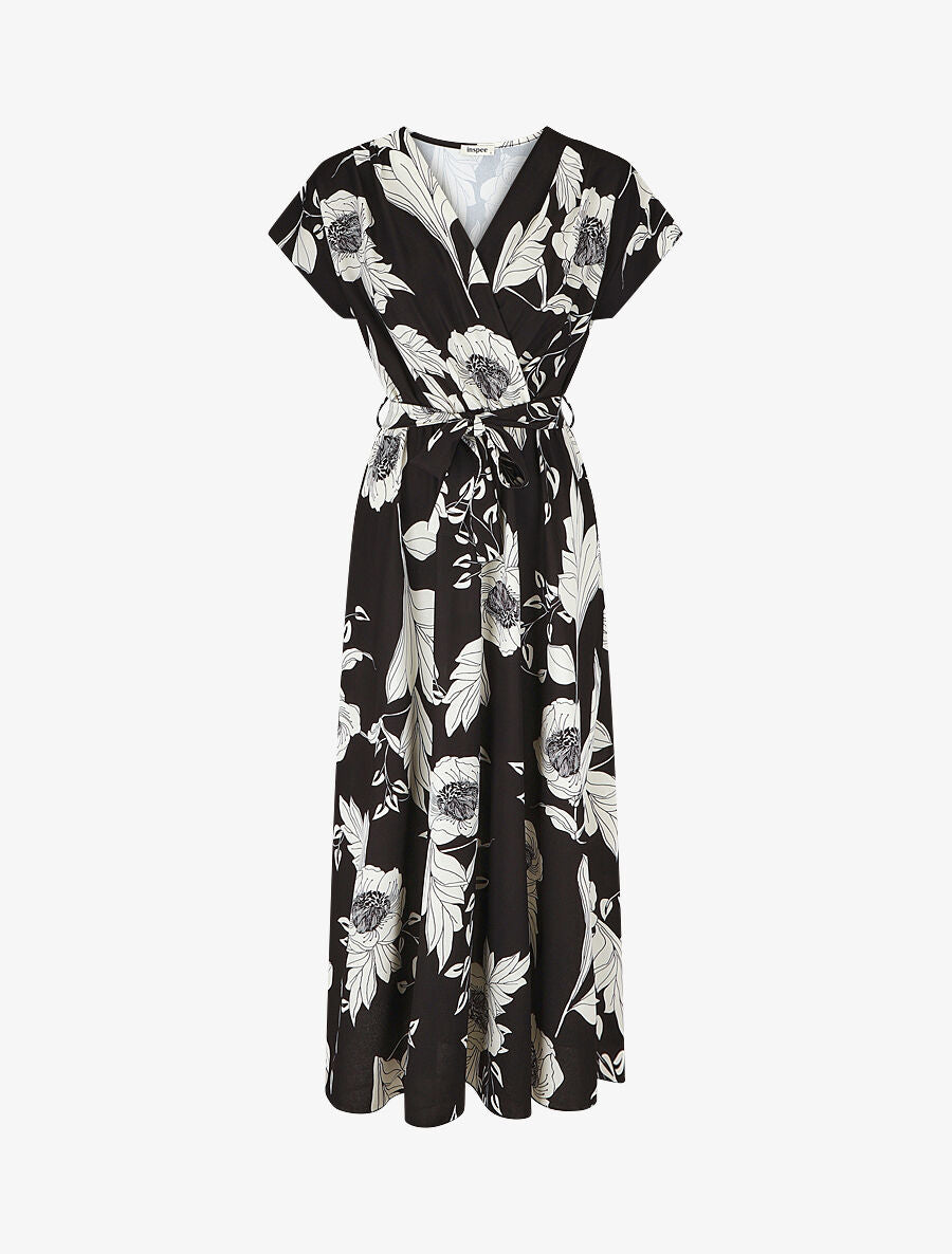 Robe longue imprimé floral à col cache-coeur - Noir - 1