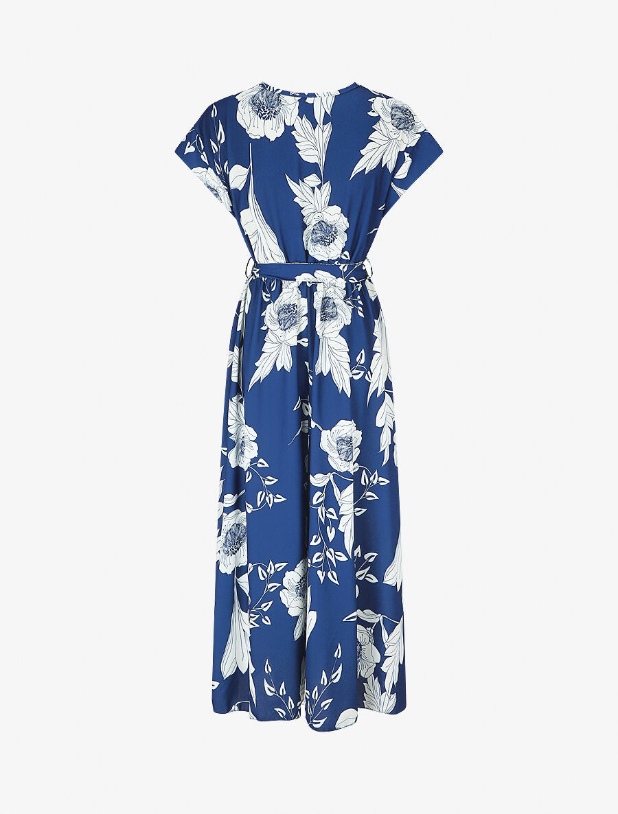 Robe longue imprimé floral à col cache-coeur - Bleu roi - 2