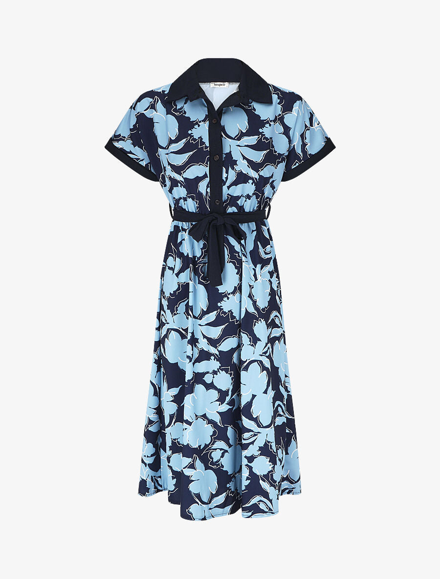 Robe longue élastiquée à imprimé floral - Marine - 4