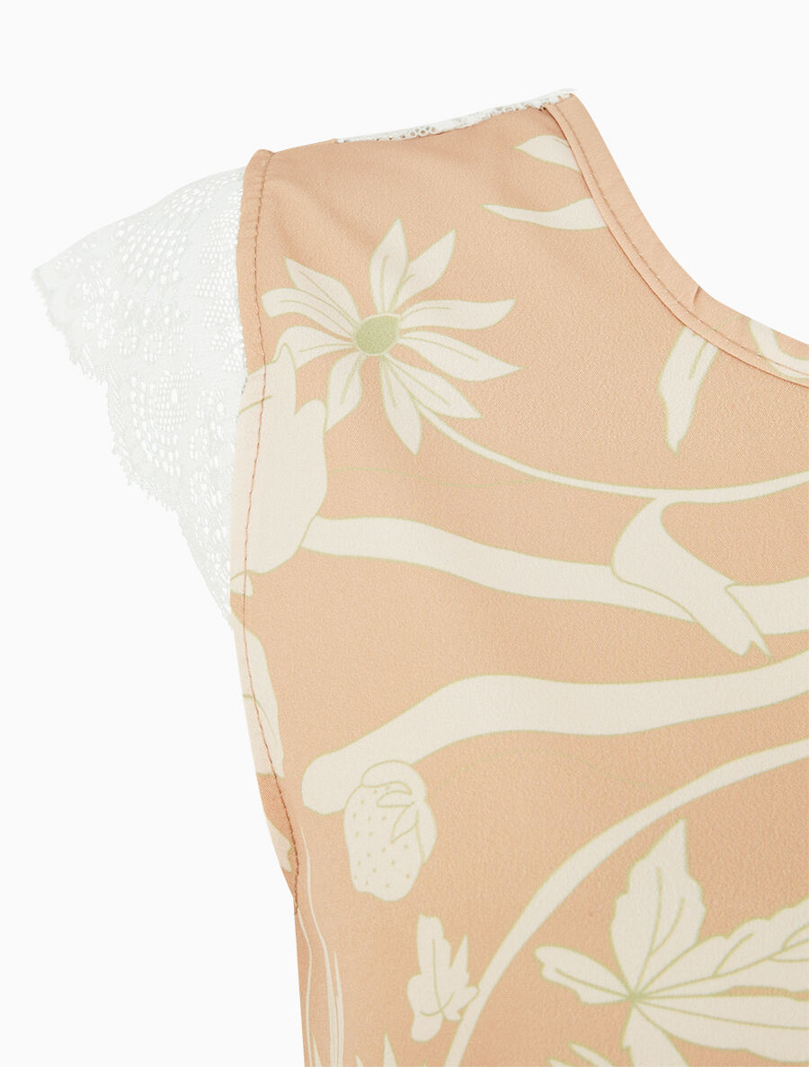 Top imprimé feuilles à détail dentelle - Camel - 3