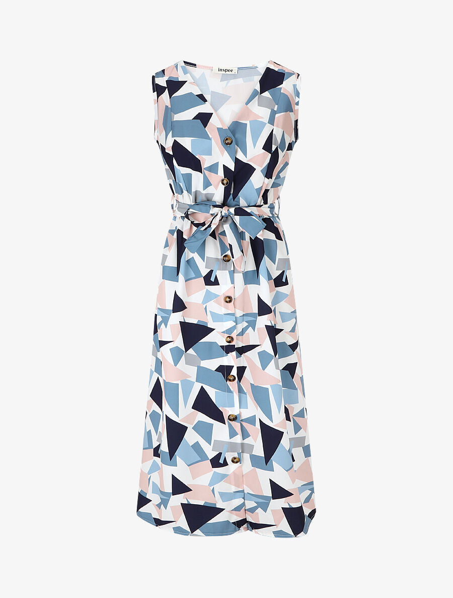 Robe midi droite sans manches imprimé triangles - Bleu - 1