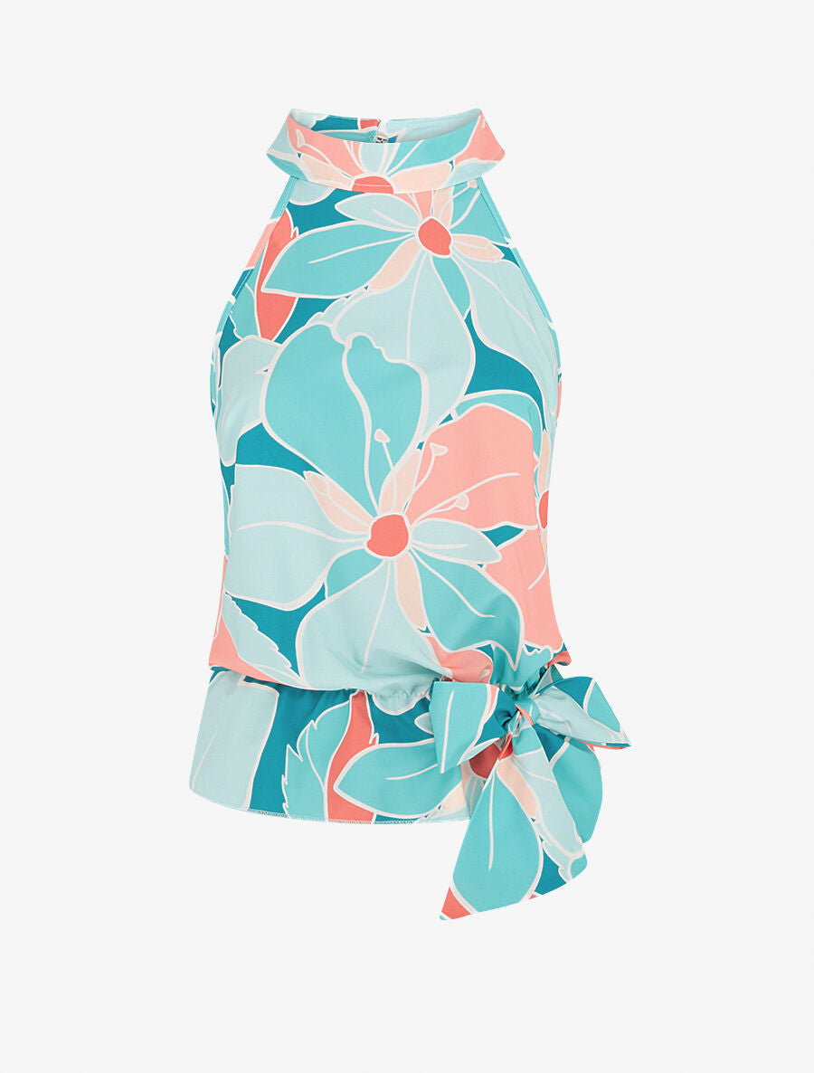 Top sans manches imprimé grandes fleurs - Turquoise - 1