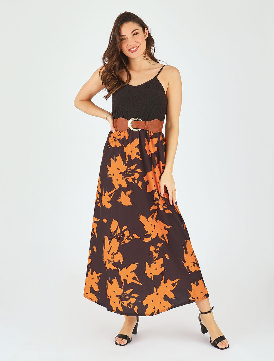 Robe longue bi-matière imprimé floral - Noir - 4