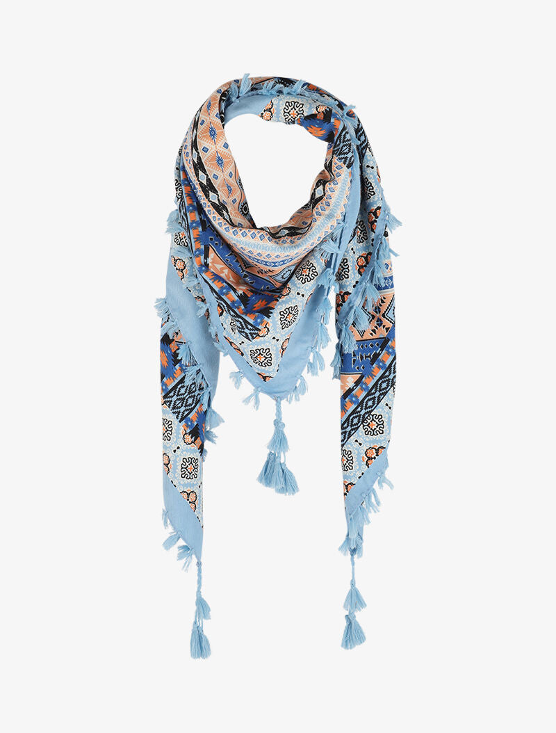 Foulard carré à imprimé aztèque et bords à pompons - Bleu clair - 1