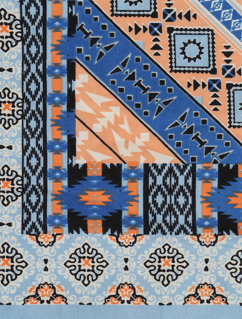 Foulard carré à imprimé aztèque et bords à pompons - Bleu clair - 3
