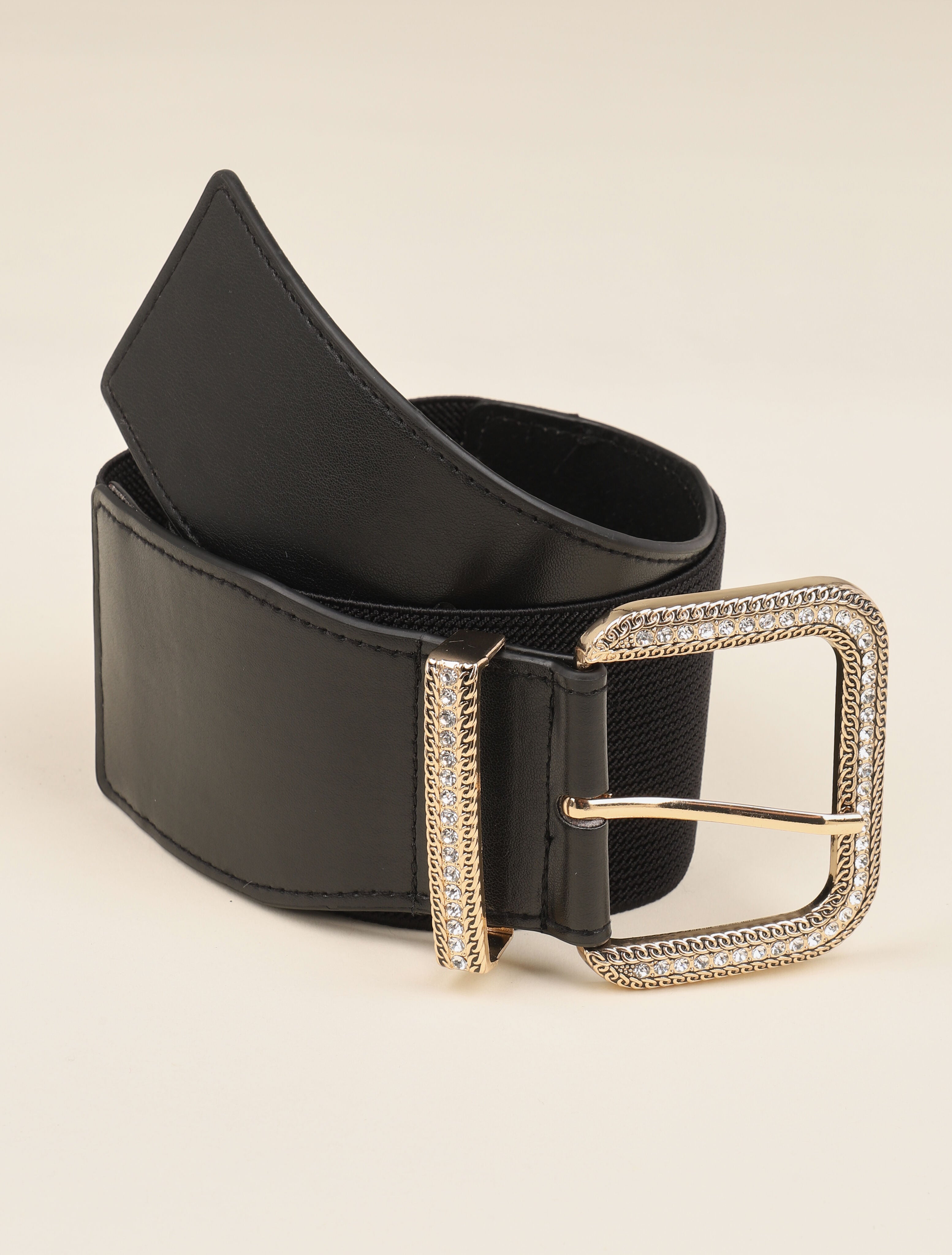 Ceinture élastiquée à boucle carrée strassée - Noir/dorée - 2