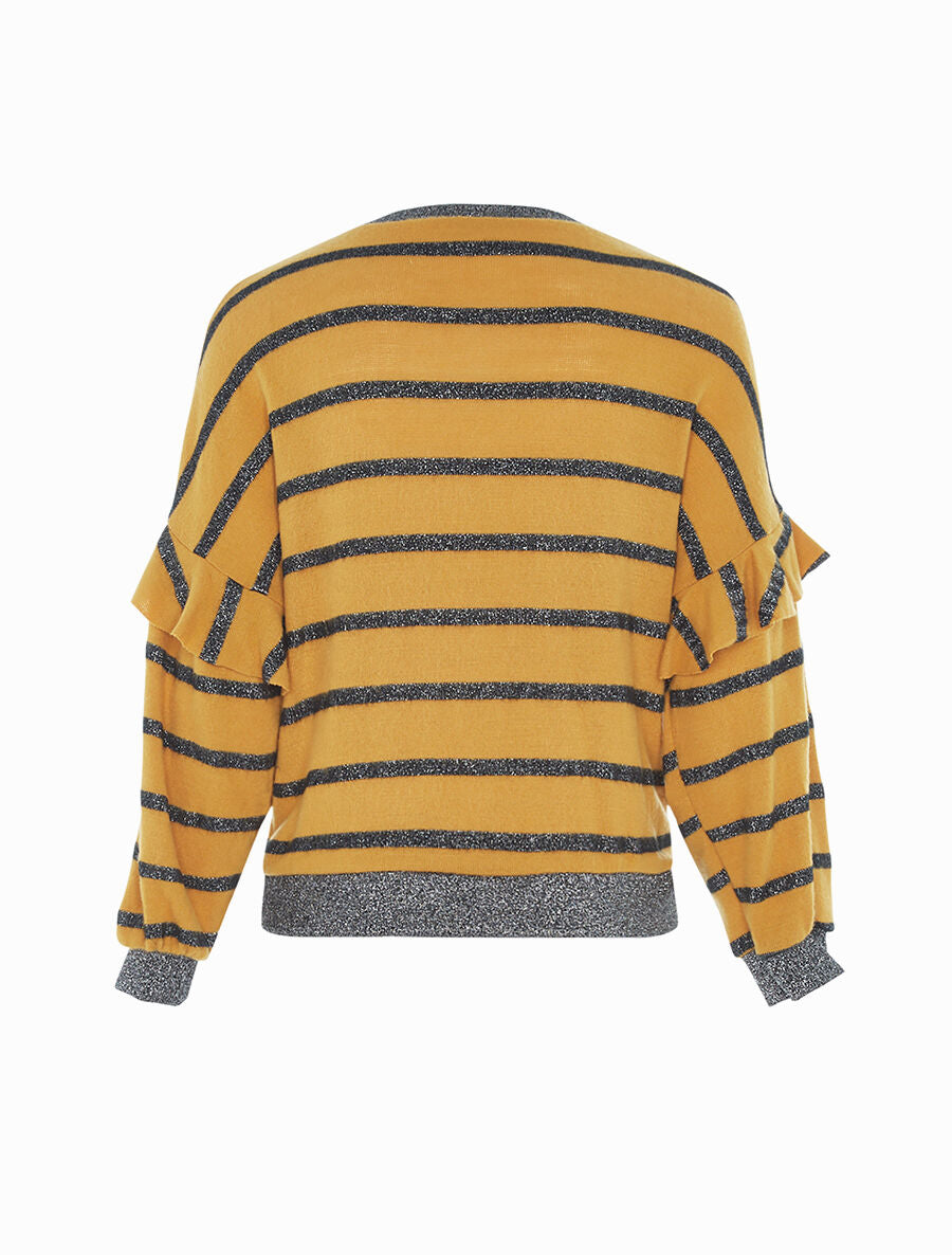 Pull effet sweat rayé à volants - Jaune - 2