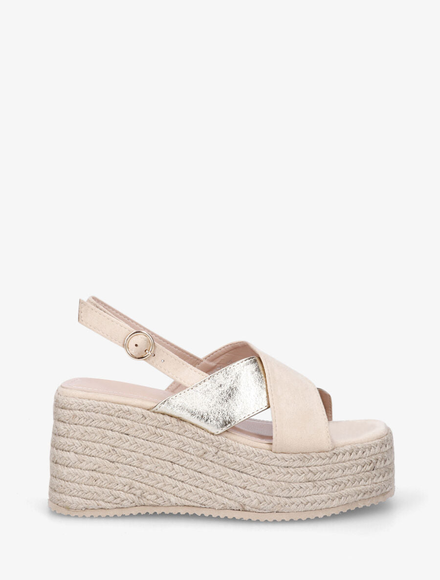 Sandales croisées bi-matière à talon compensé - Beige - 1