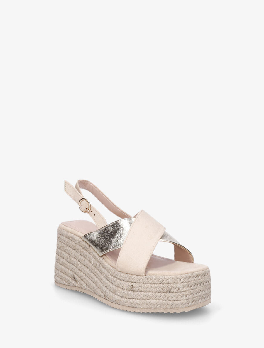 Sandales croisées bi-matière à talon compensé - Beige - 2