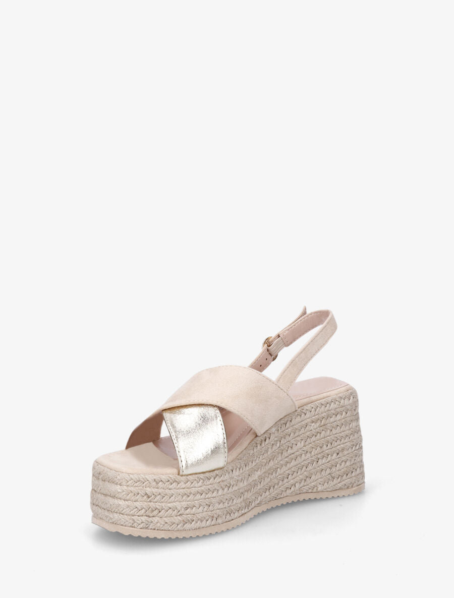 Sandales croisées bi-matière à talon compensé - Beige - 3