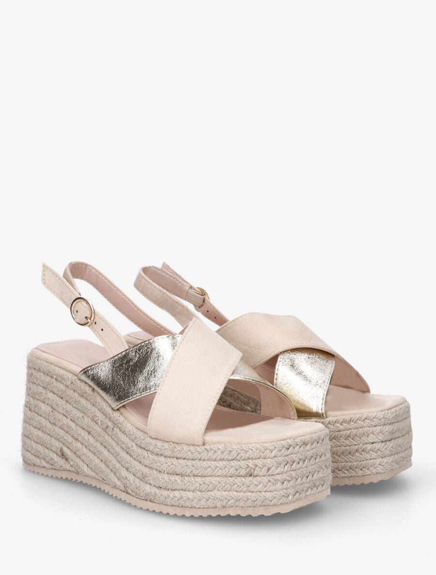 Sandales croisées bi-matière à talon compensé - Beige - 4