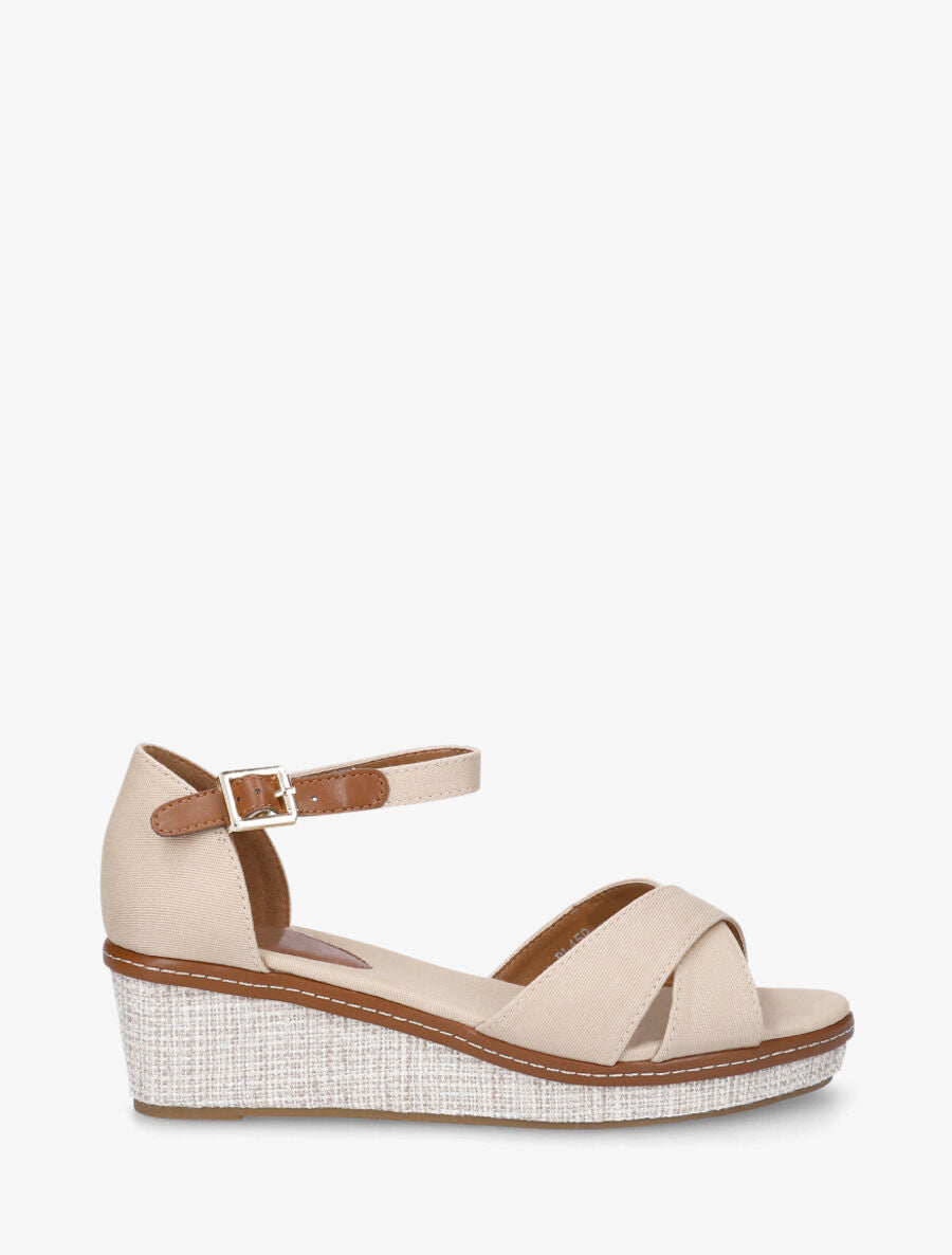Sandales compensées bride croisées en tissu - Beige - 1